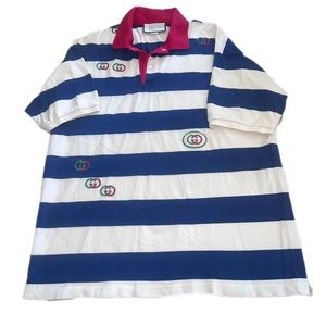 Gucci Blue & White GG embroidered striped polo